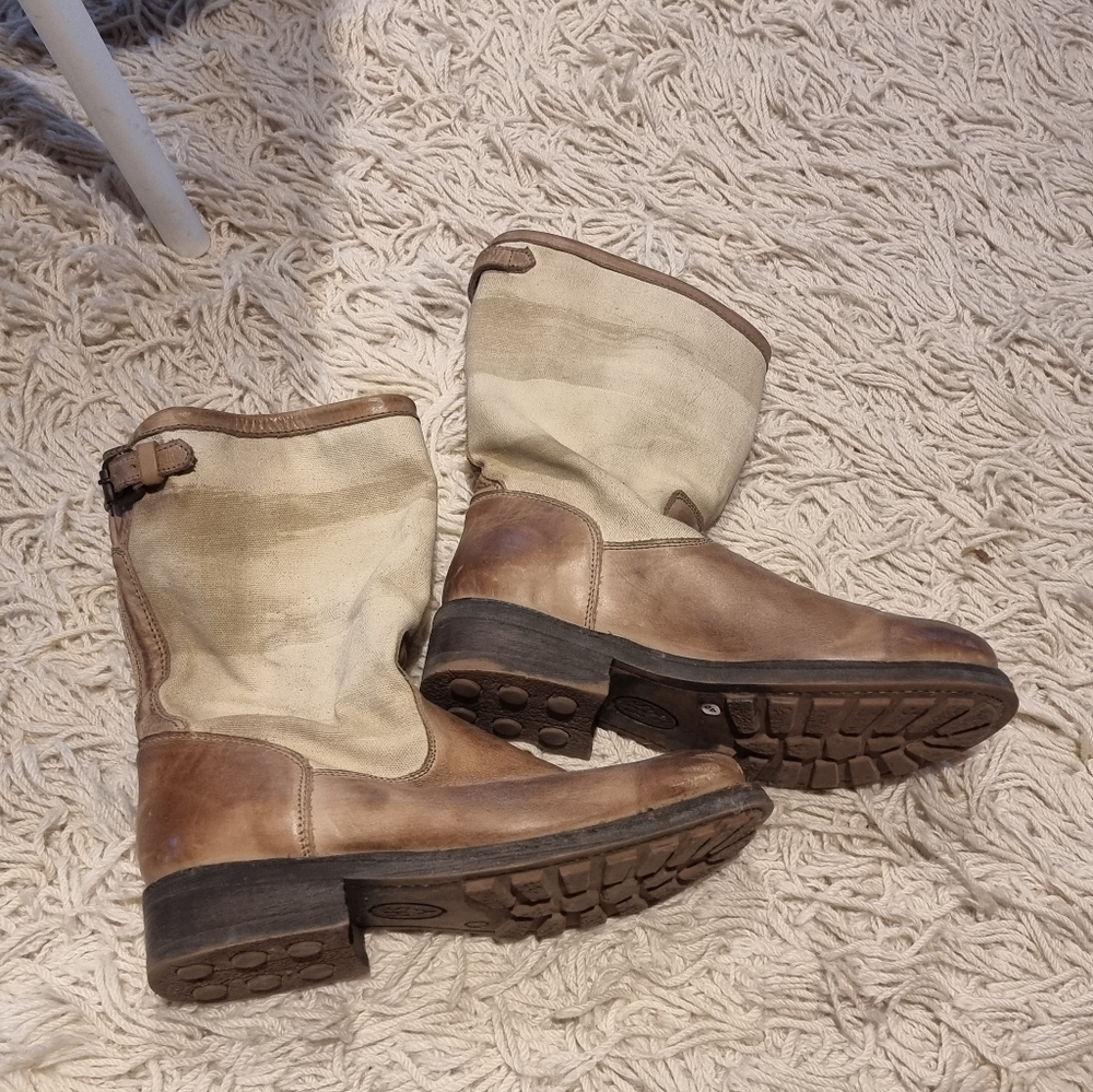 Ash Cream Leather and Canvas Ankle Boots